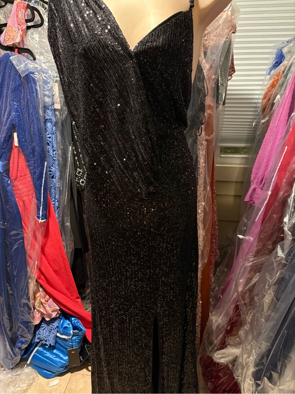 Black Sequin Backless Evening Gown with Draped Side Detail - Picture 4 of 5